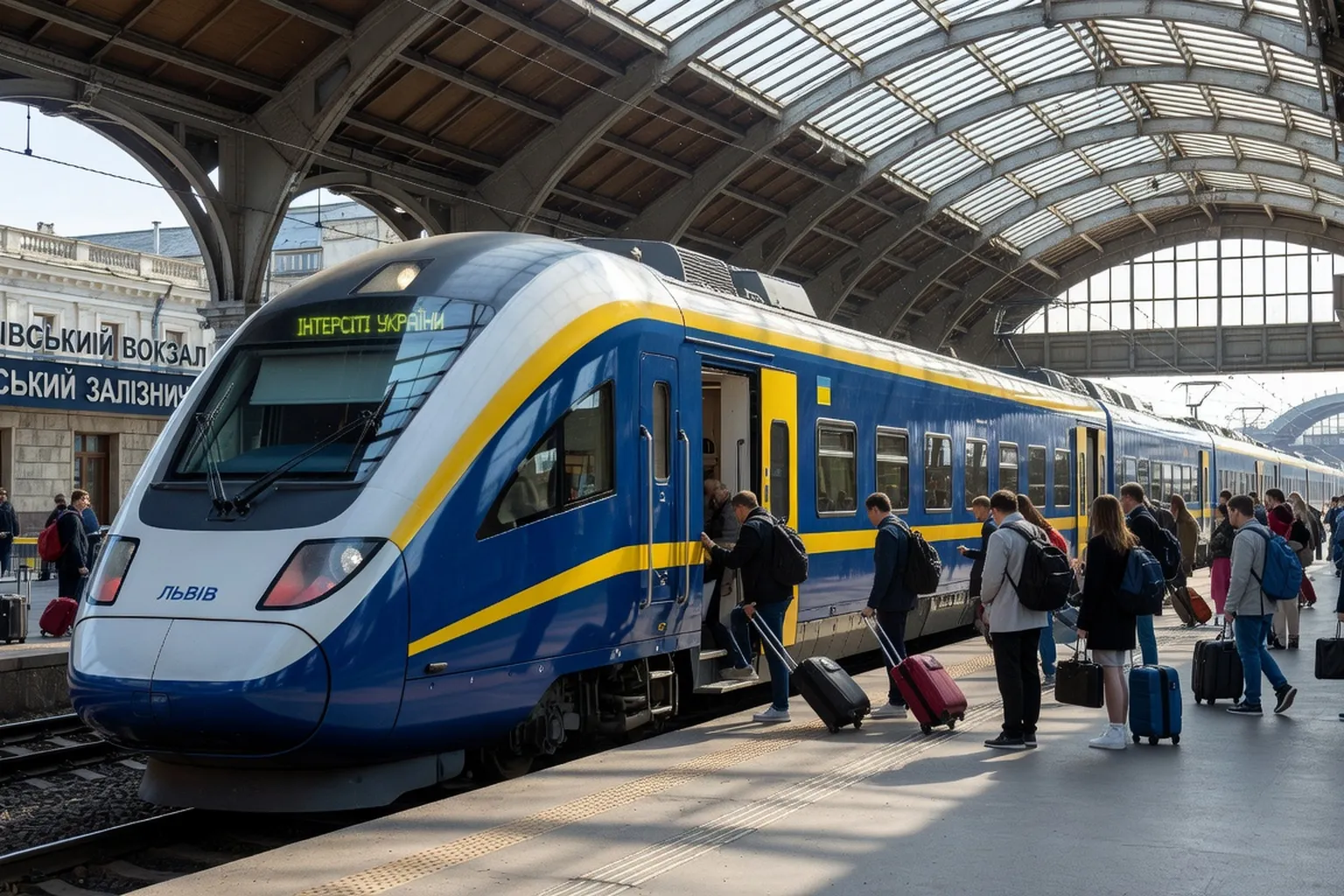Train Intercity arrivant en gare de Lviv en Ukraine
