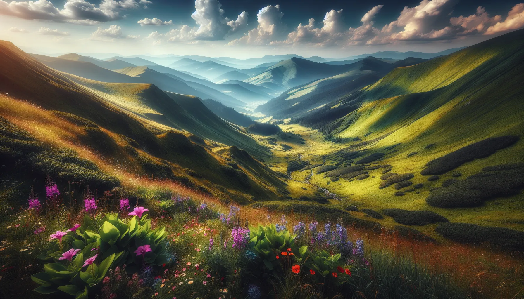 Panorama estival des Carpates ukrainiennes - prairies alpines verdoyantes